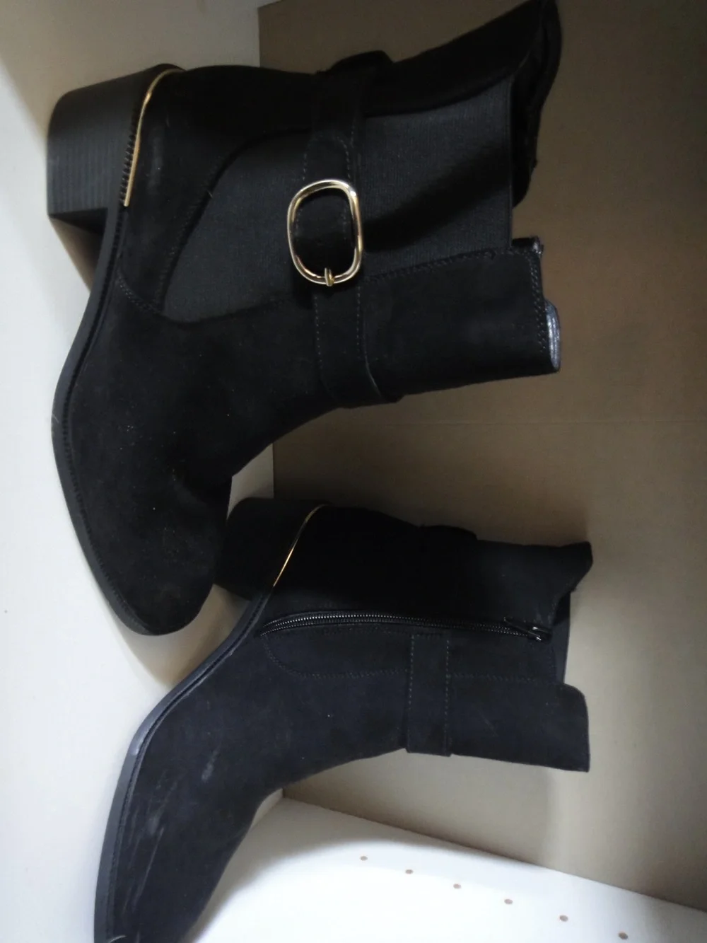 Rock & Candy Black Suede Ankle Booties with Gold Buckle